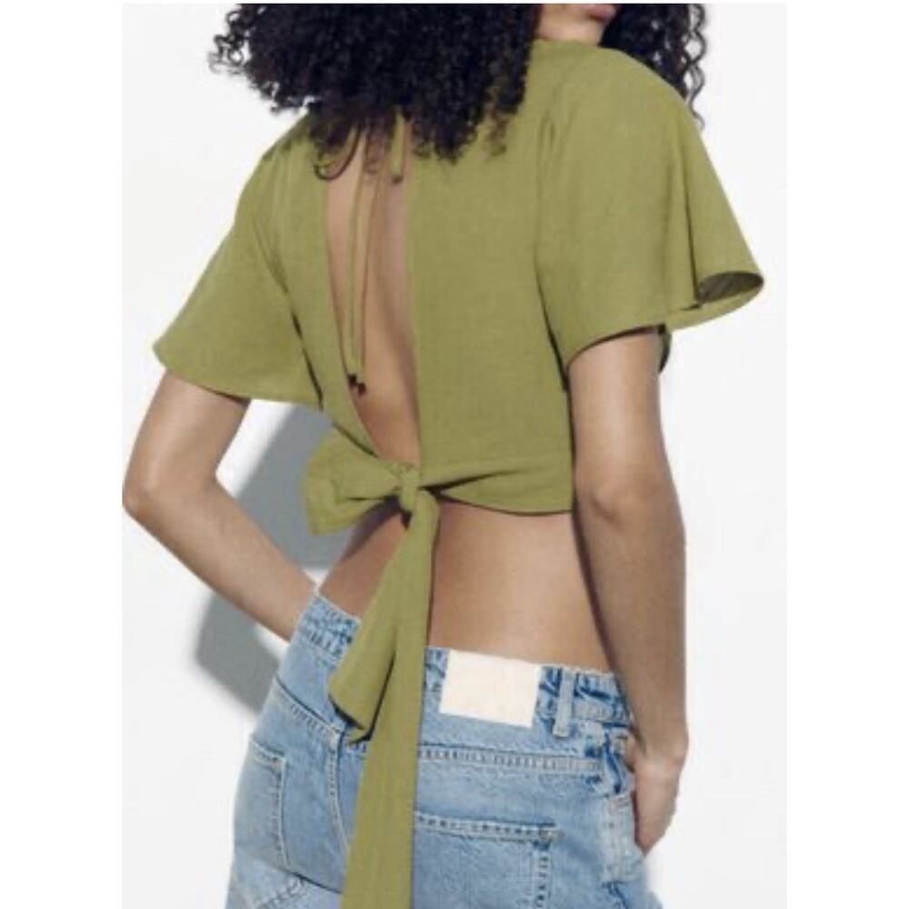 Zara Open Back , Tie Back ,Crop Olive Green Womens Size Small New With Tags